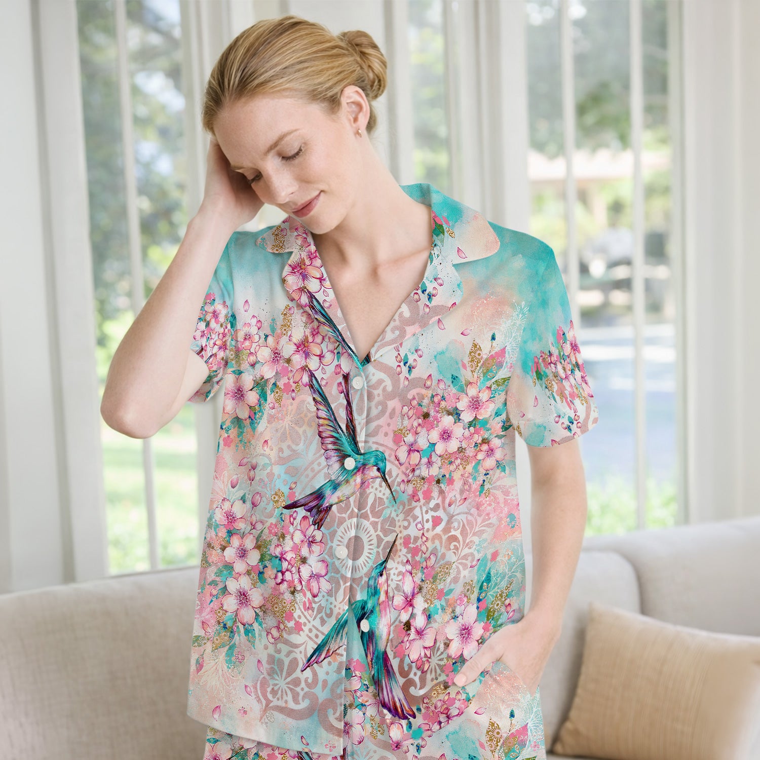 Charming Hummingbird Cherry Blossom Pattern Pajama Set, Soft Breathable Fabric Comfortable Sleepwear