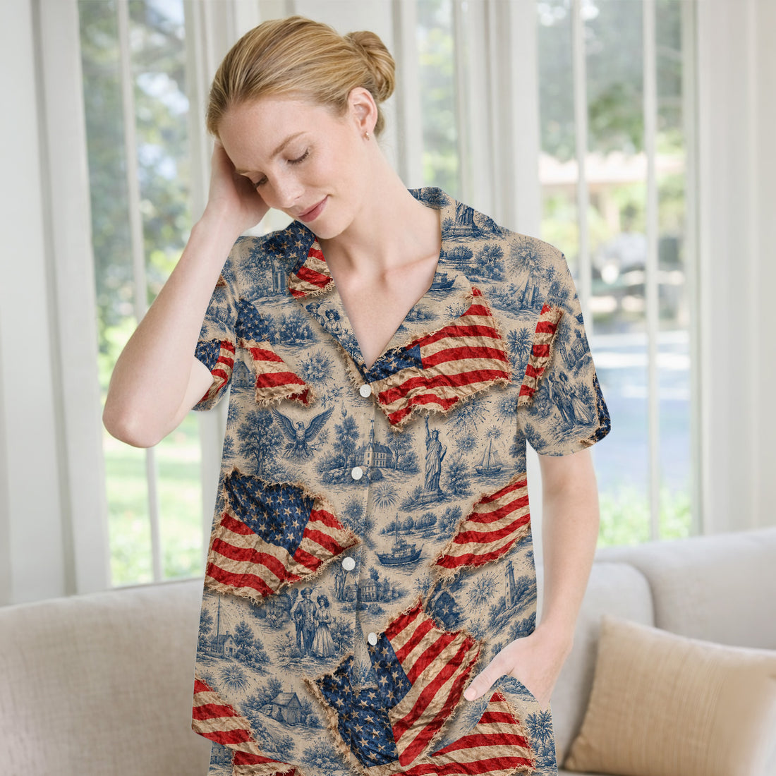 Vintage American Flag Toile Pattern Pajama Set, Soft Breathable Fabric Comfortable Sleepwear