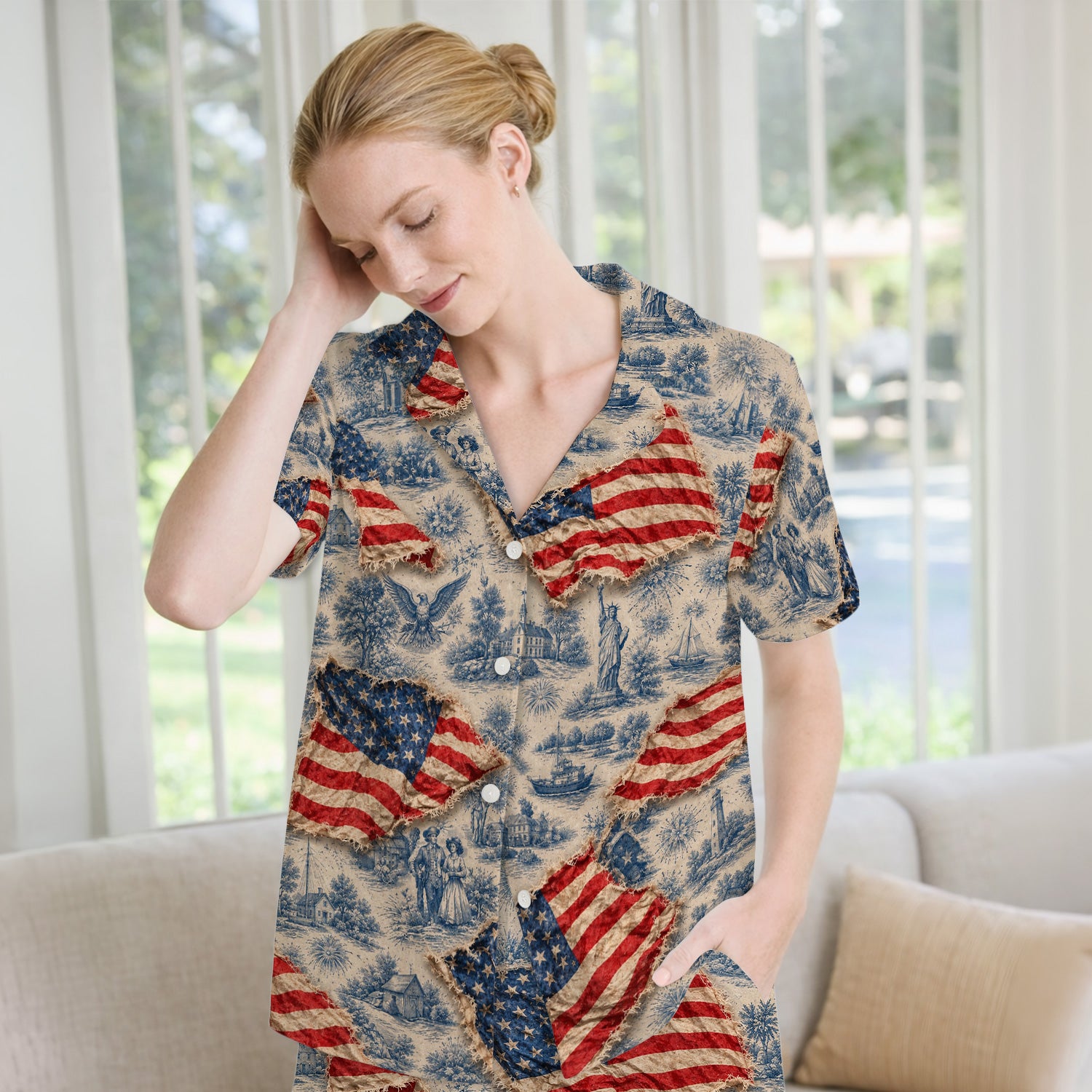 Vintage American Flag Toile Pattern Pajama Set, Soft Breathable Fabric Comfortable Sleepwear