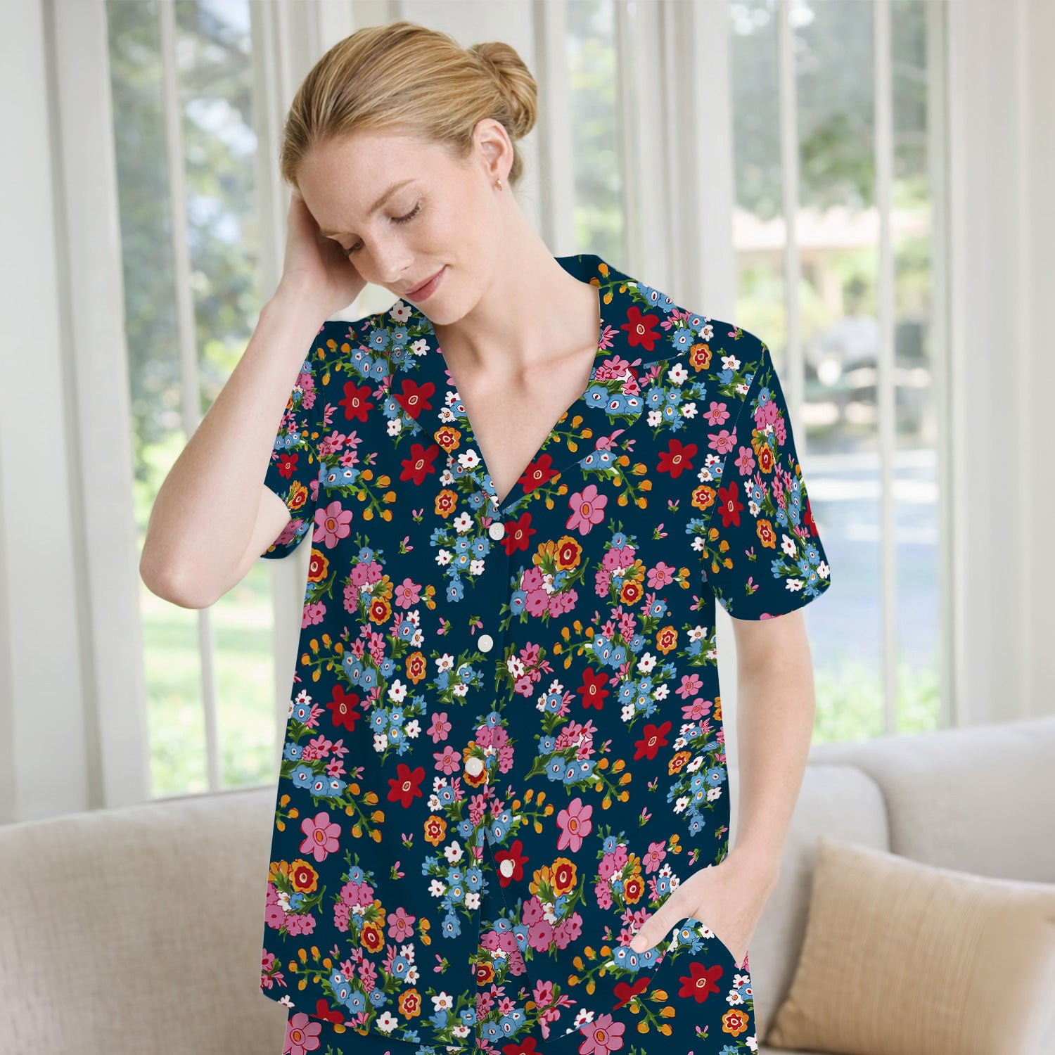 Charming Vintage Floral Bouquet Pattern Pajama Set, Breathable Fabrics Uniform