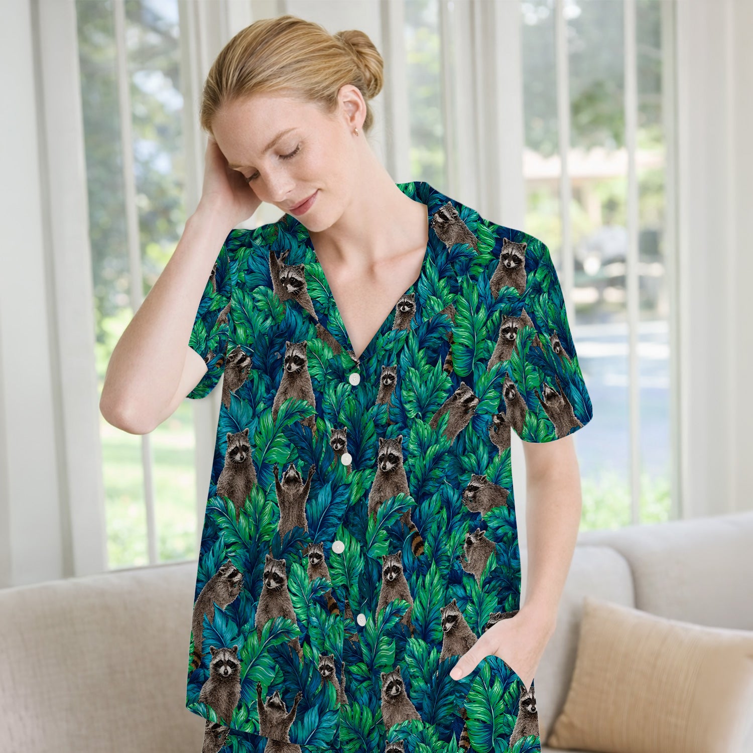 Tropical Raccoon Jungle Leaves Pattern Pajama Set, Soft Breathable Fabric Comfortable Sleepwear