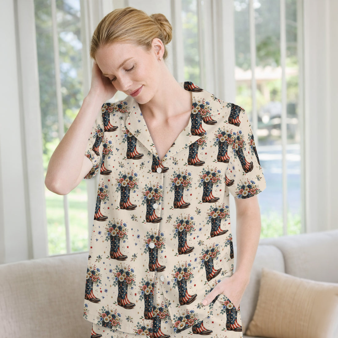 Festive Patriotic Cowboy Boots Flower Pattern Pajama Set, Soft Breathable Fabric Comfortable Sleepwear