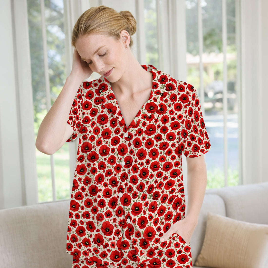 Pretty Red Poppy Flower Garden Pattern Pajama Set, Soft Breathable Fabric Comfortable Sleepwear