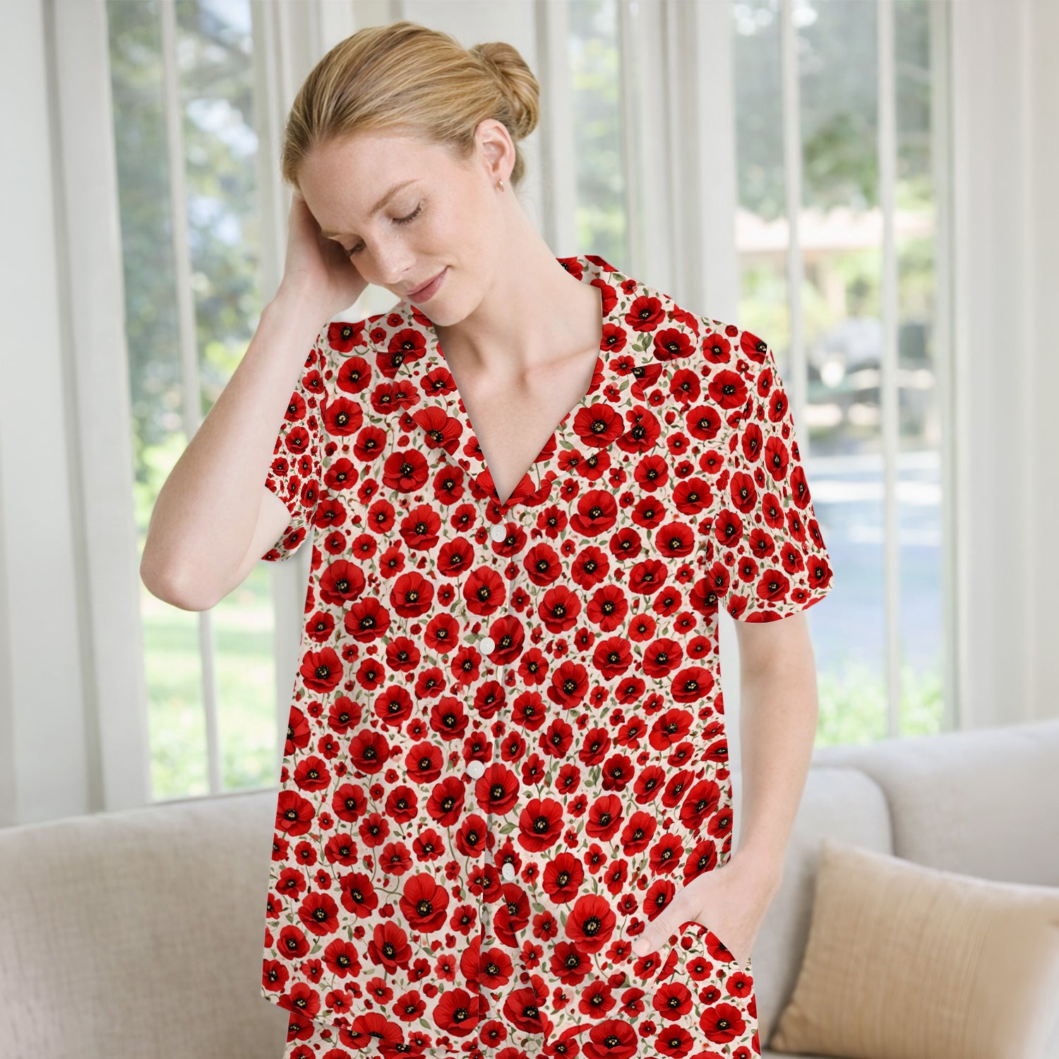 Pretty Red Poppy Flower Garden Pattern Pajama Set, Soft Breathable Fabric Comfortable Sleepwear