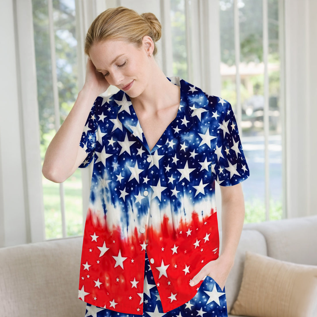 Patriotic Stars Tie Dye Pattern Pajama Set, Soft Breathable Fabric Comfortable Sleepwear