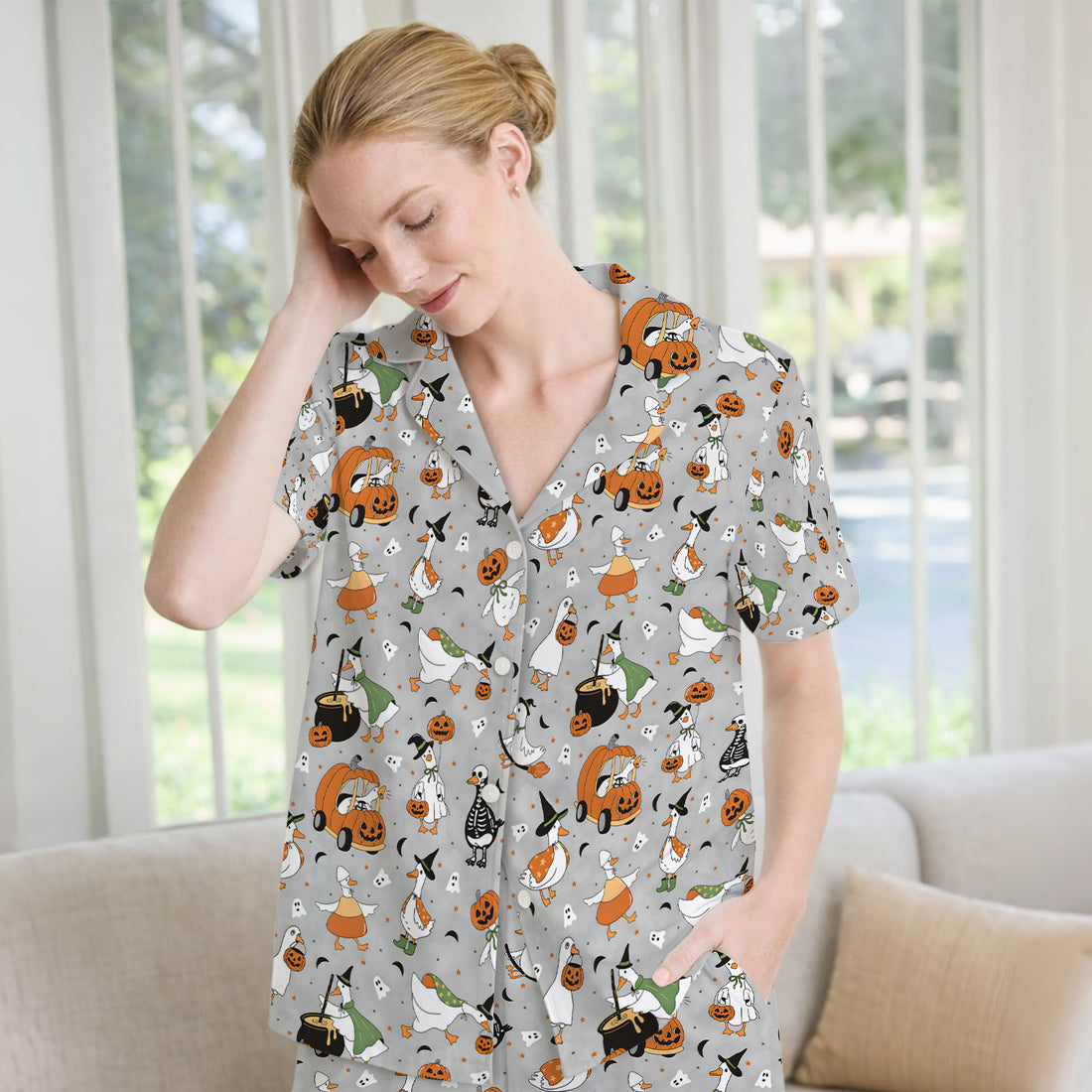 Goose with Pumpkin Checkered Print Pajama Set, Soft Breathable Fabric Comfortable Sleepwear
