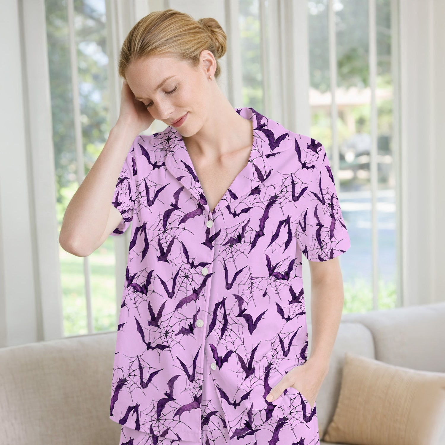 Halloween Bat with Spider Web Pajama Set, Soft Breathable Fabric Comfortable Sleepwear