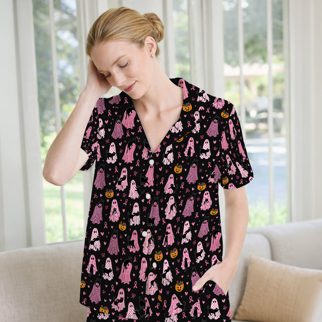 Breast Cancer Awareness Ghost Cat Pajama Set, Soft Breathable Fabric Comfortable Sleepwear