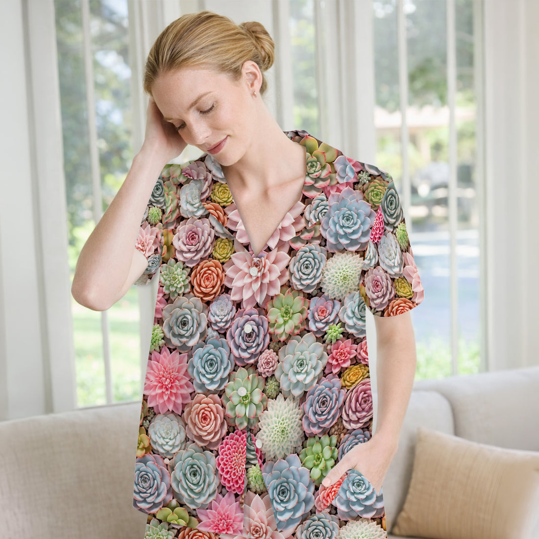 Cute Pastel Succulent Blossom Pattern Pajama Set, Soft Breathable Fabric Comfortable Sleepwear