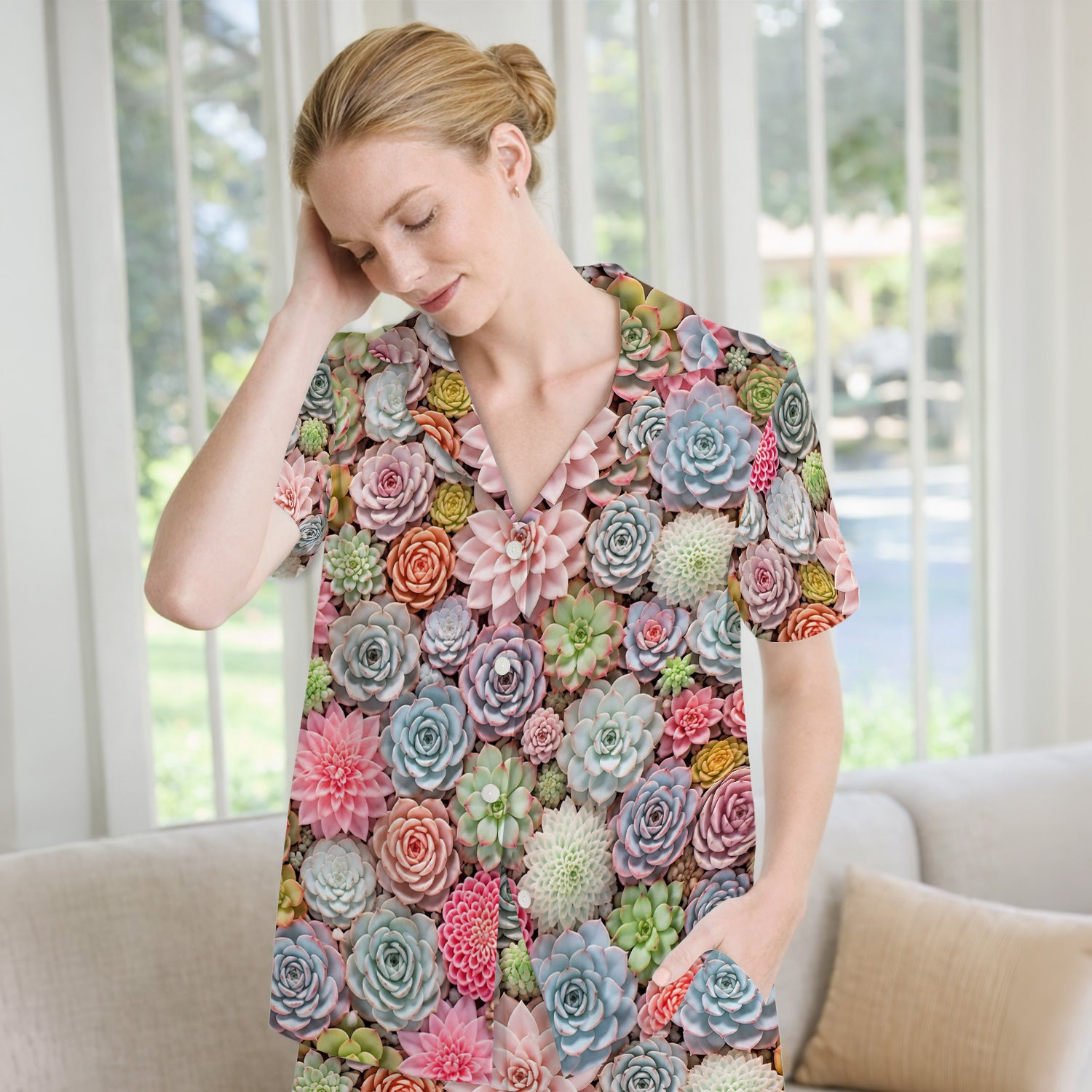 Cute Pastel Succulent Blossom Pattern Pajama Set, Soft Breathable Fabric Comfortable Sleepwear
