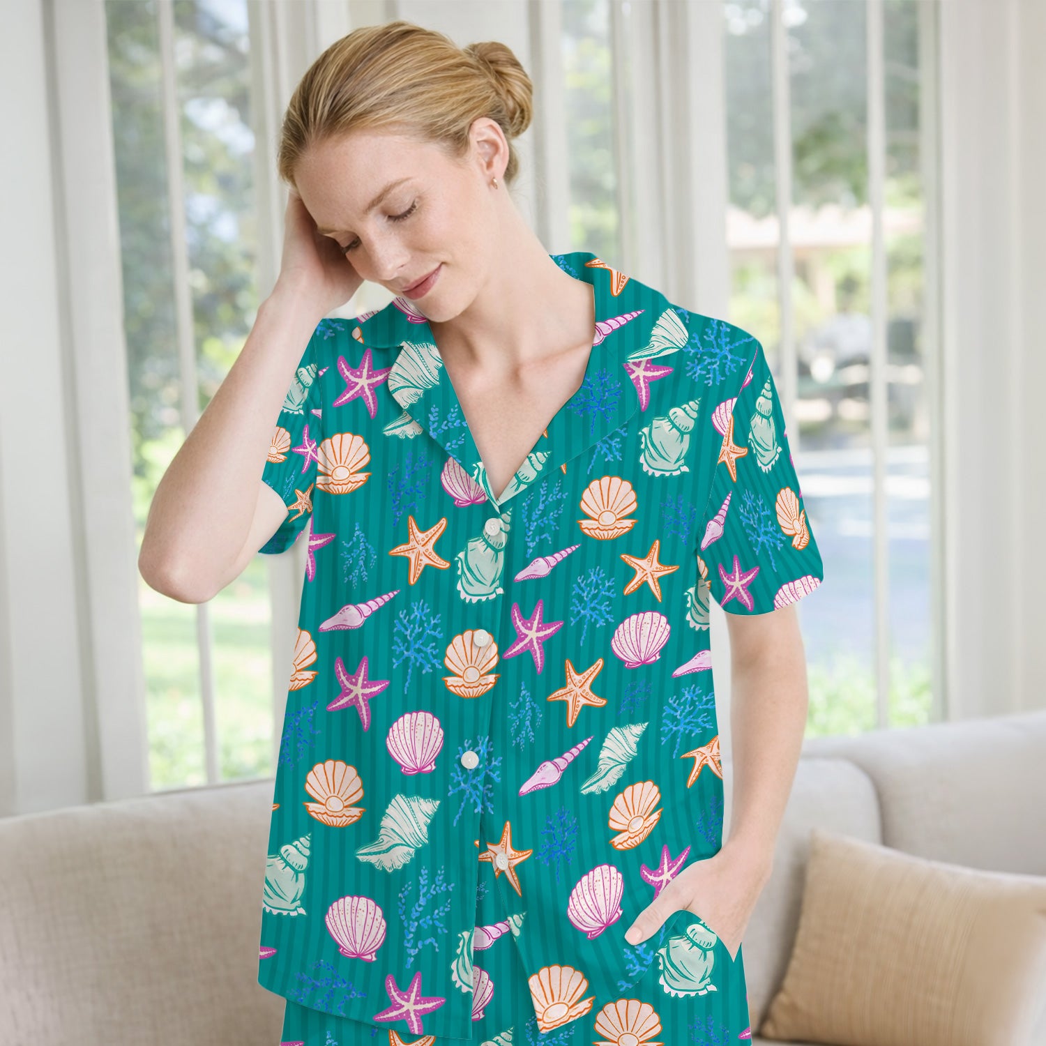 Colorful Seashell Starfish Ocean Stripe Pattern Pajama Set, Breathable Fabrics Uniform