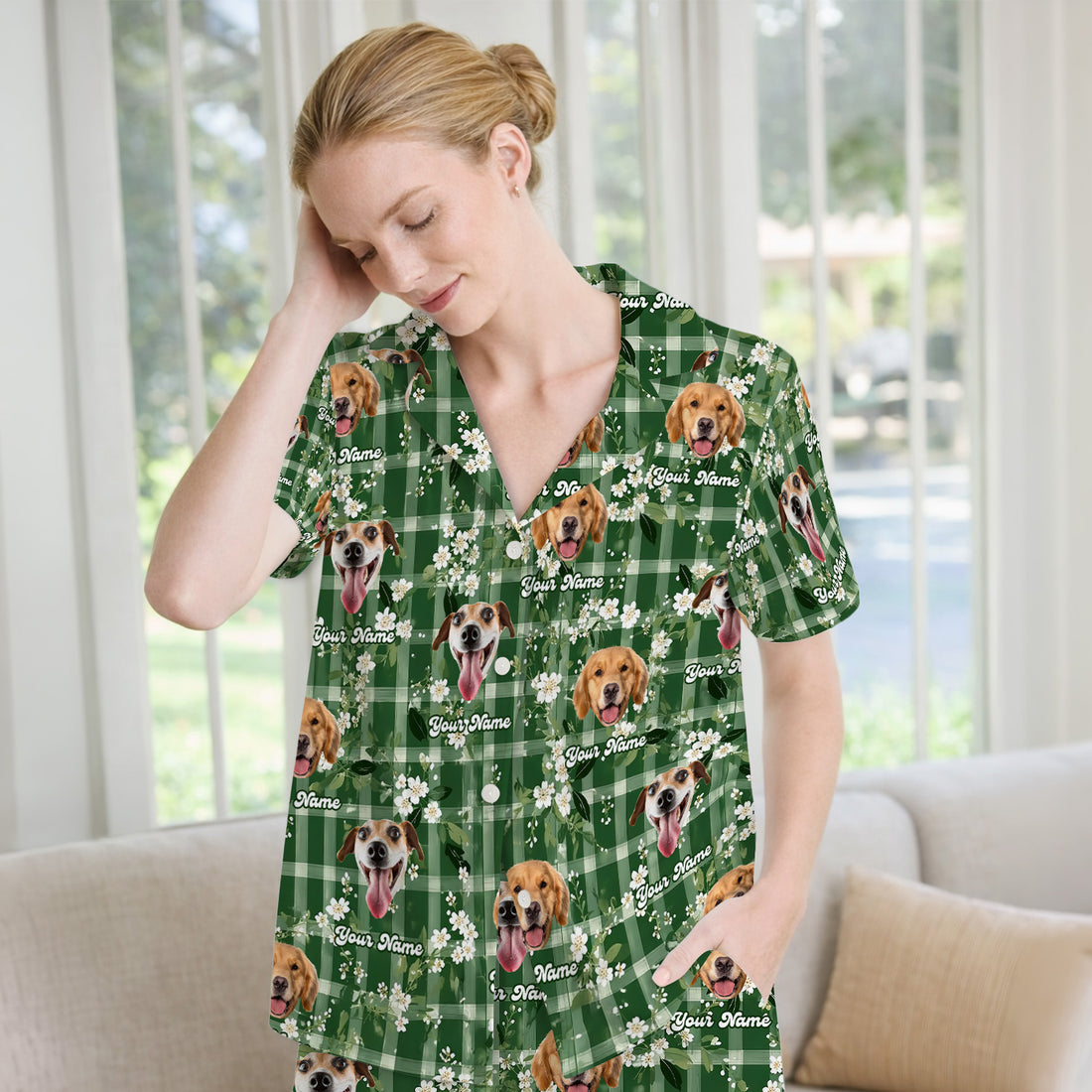 Custom Dog Face Pajama Set, Dog Green Plaid Floral Pattern, Soft Breathable Fabric Comfortable Sleepwear