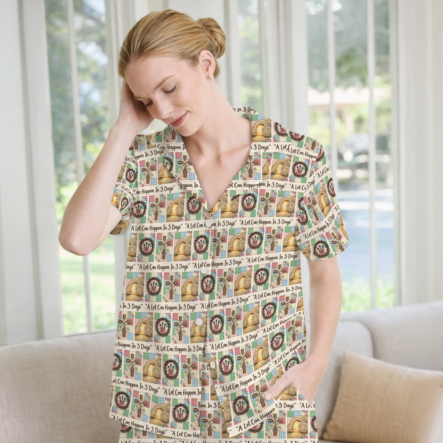 Christian Easter Cross Print Pajama Set, Breathable Fabrics Uniform