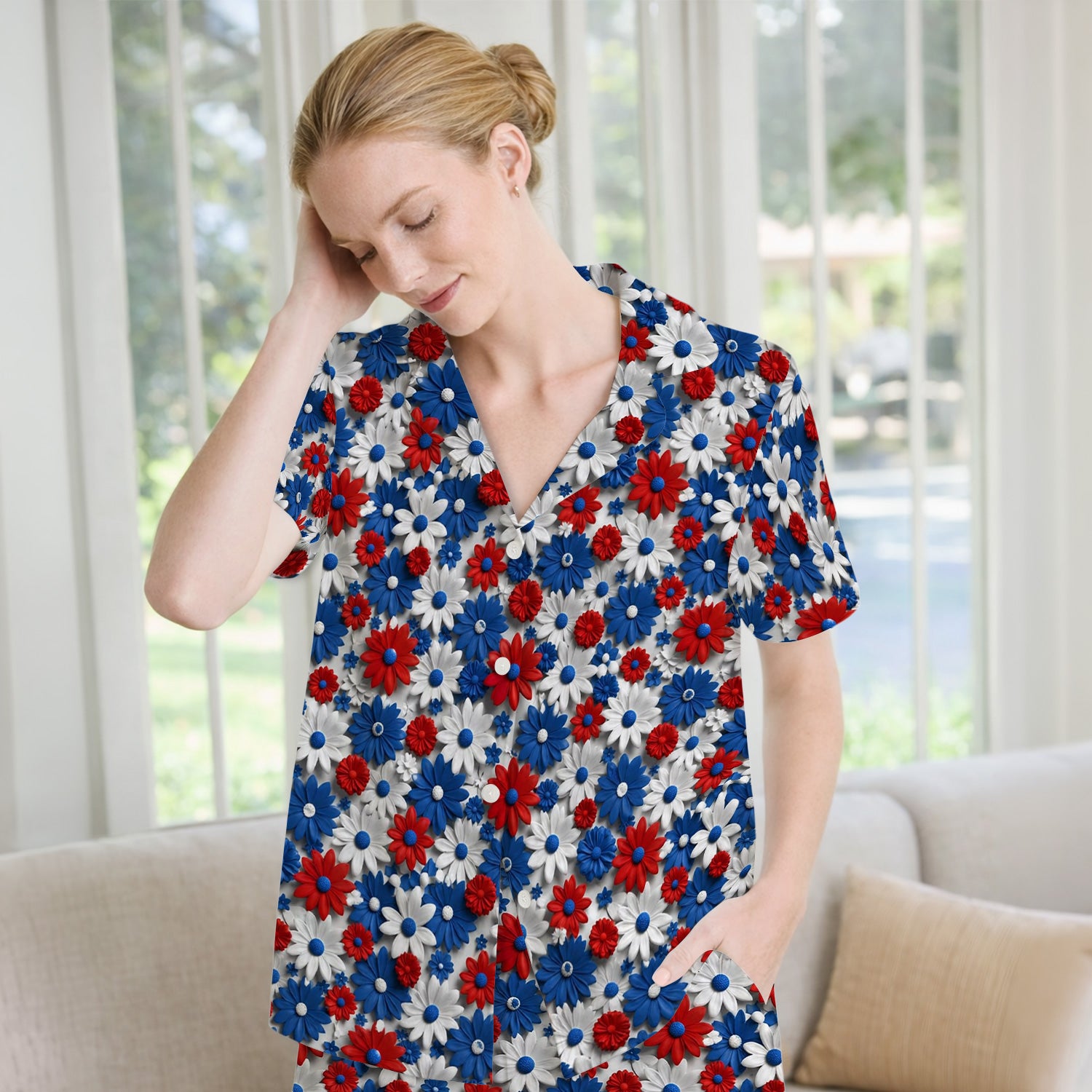 Patriotic Red Blue Daisy Floral Pattern Pajama Set, Soft Breathable Fabric Comfortable Sleepwear