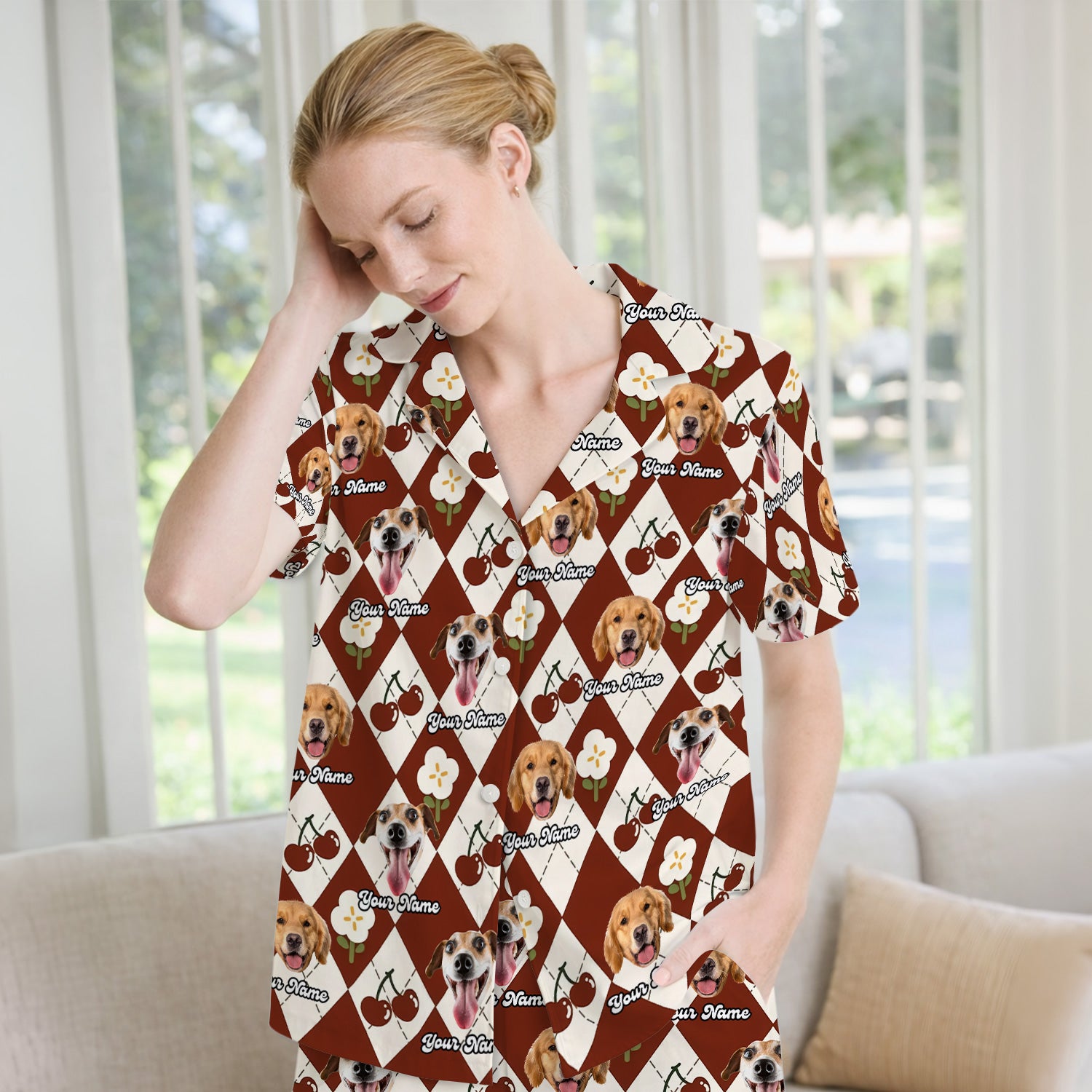 Custom Dog Face Pajama Set, Playful Dog Cherry Argyle Pattern, Soft Breathable Fabric Comfortable Sleepwear