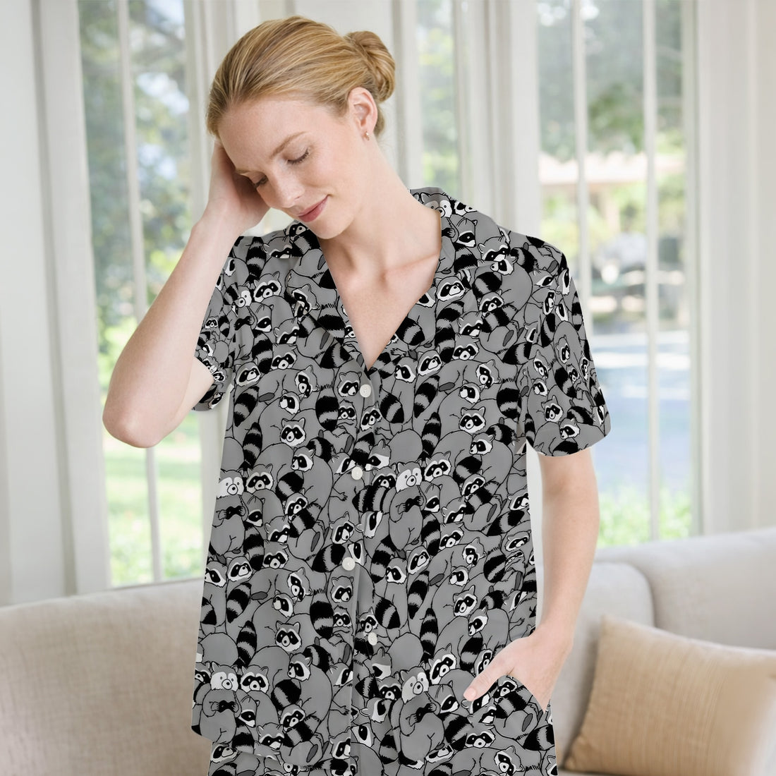 Cute Nurse Raccoon Crowd Pattern Pajama Set, Breathable Fabrics Uniform