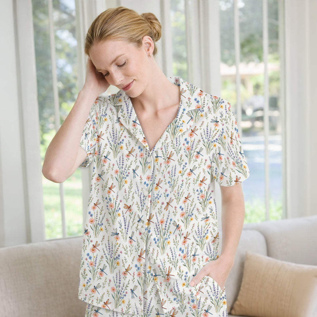 Dragonfly Wildflower Meadow Pattern Pajama Set, Soft Breathable Fabric Comfortable Sleepwear