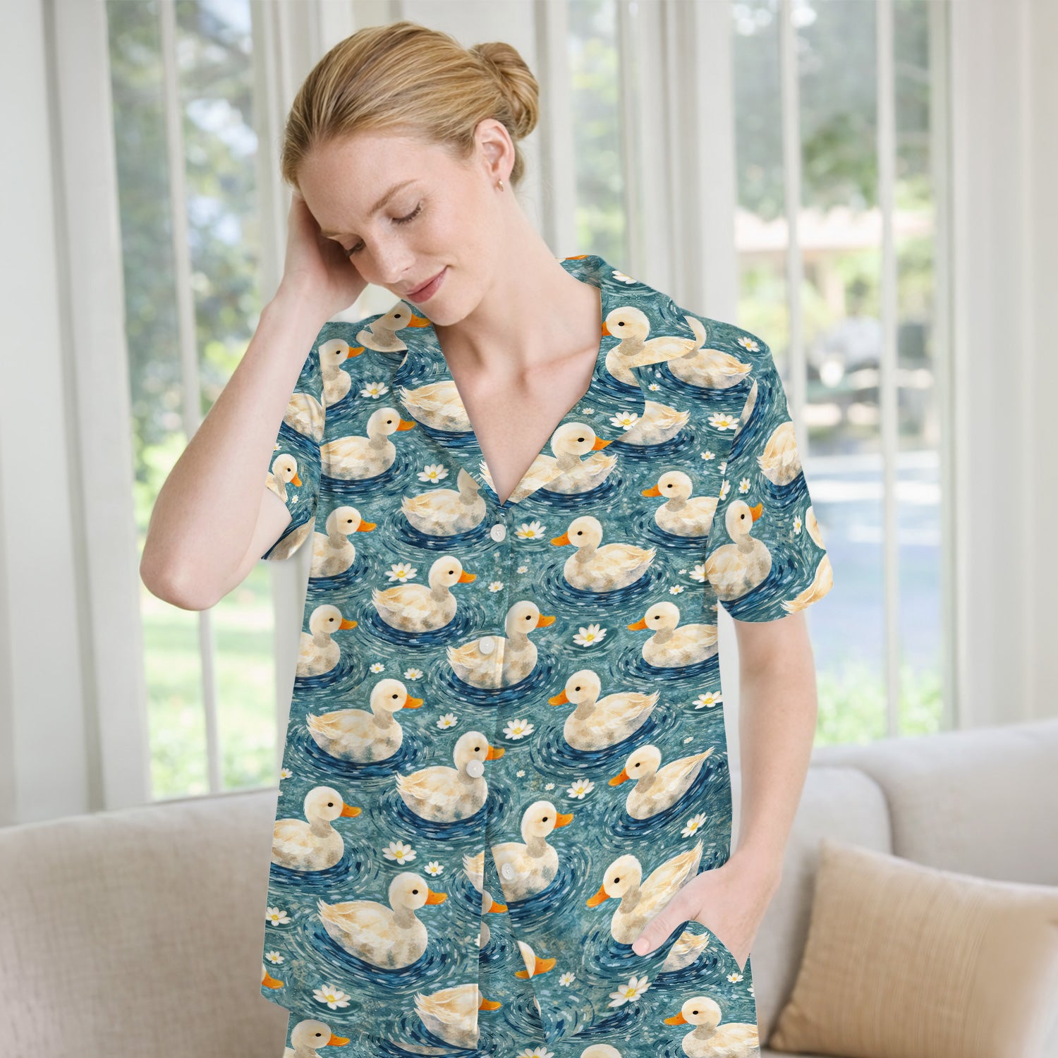 Charming Duck Pond Pattern Pajama Set, Soft Breathable Fabric Comfortable Sleepwear