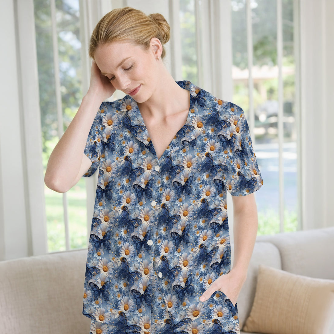Blue Daisy Butterfly Print Pajama Set, Soft Breathable Fabric Comfortable Sleepwear