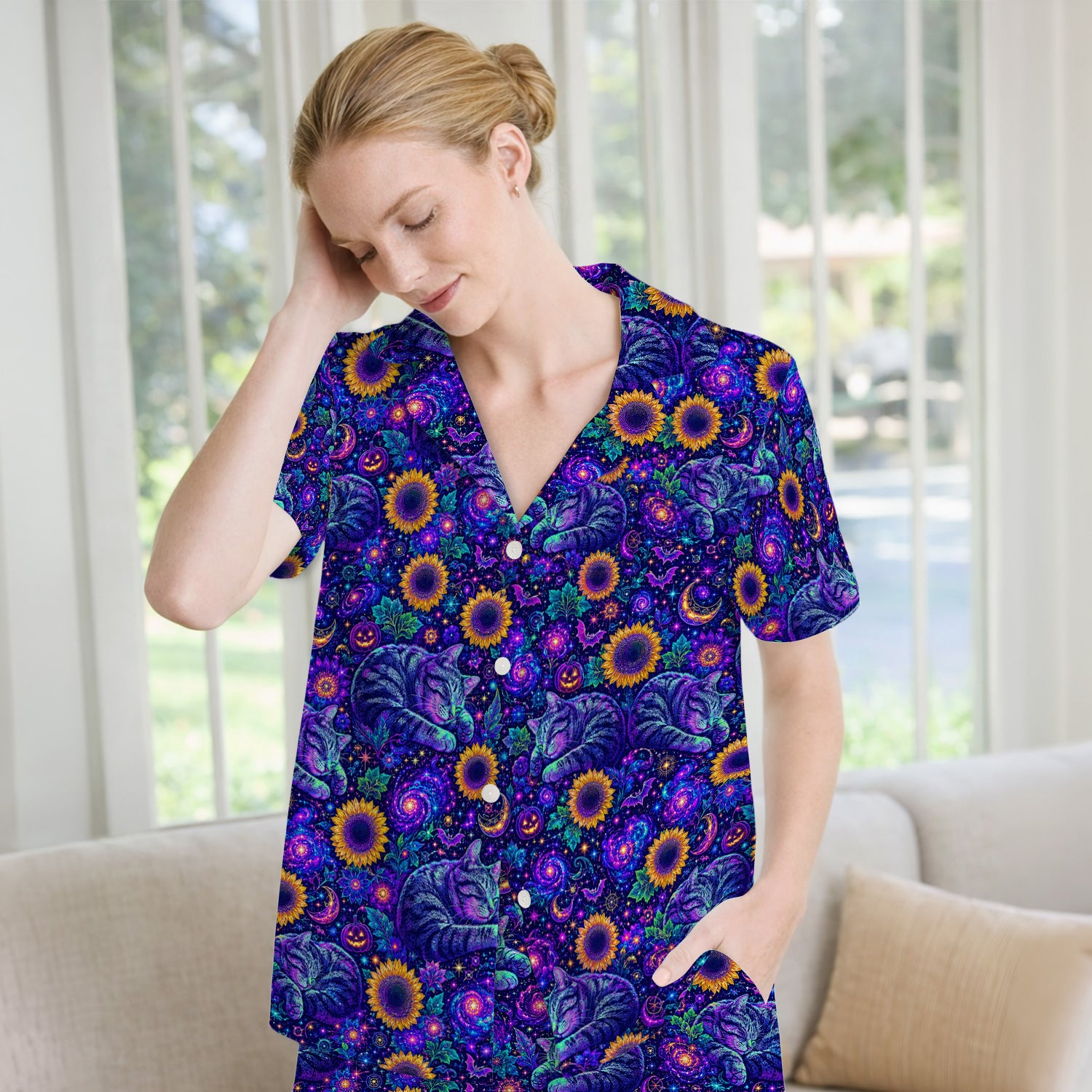 Spooky Galaxy Cat And Sunflowers Pajama Set, Soft Breathable Fabric Comfortable Sleepwear