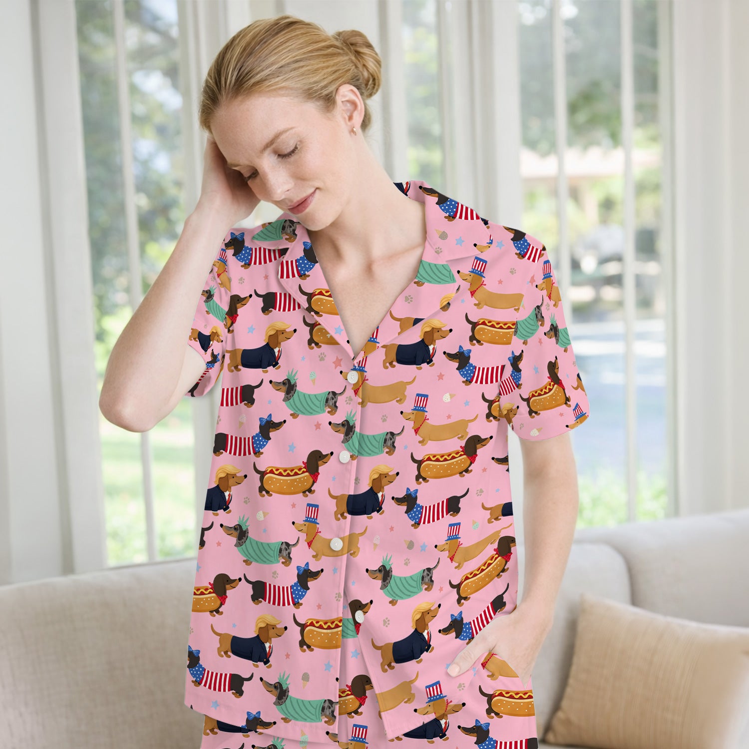 Funny Patriotic Dachshund Costume Dogs Pattern Pajama Set, Breathable Fabrics Uniform