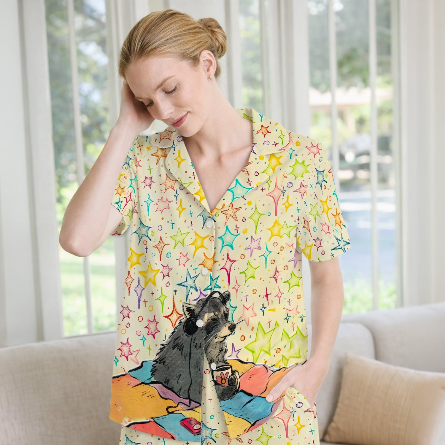 Chill Raccoon Starry Music Pattern Pajama Set, Soft Breathable Fabric Comfortable Sleepwear