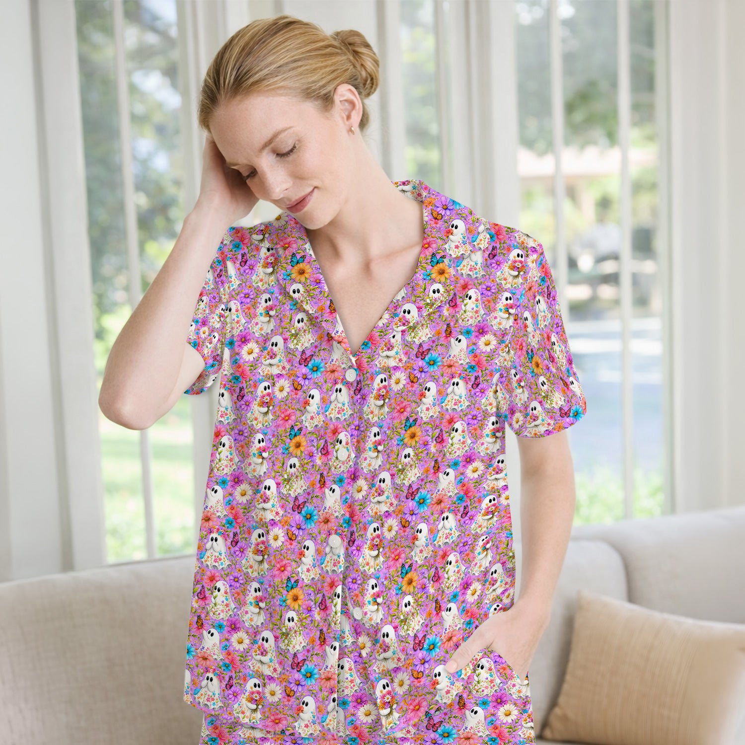 Cute Halloween Floral Ghosts And Butterflies Pajama Set, Soft Breathable Fabric Comfortable Sleepwear