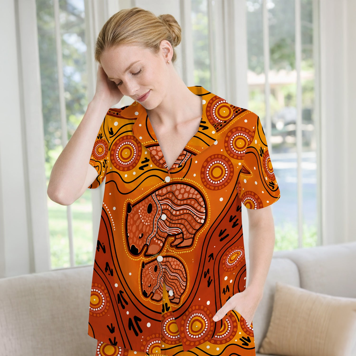 Australian Aboriginal Wombat Family Art Pattern Pajama Set, Soft Breathable Fabric Comfortable Sleepwear