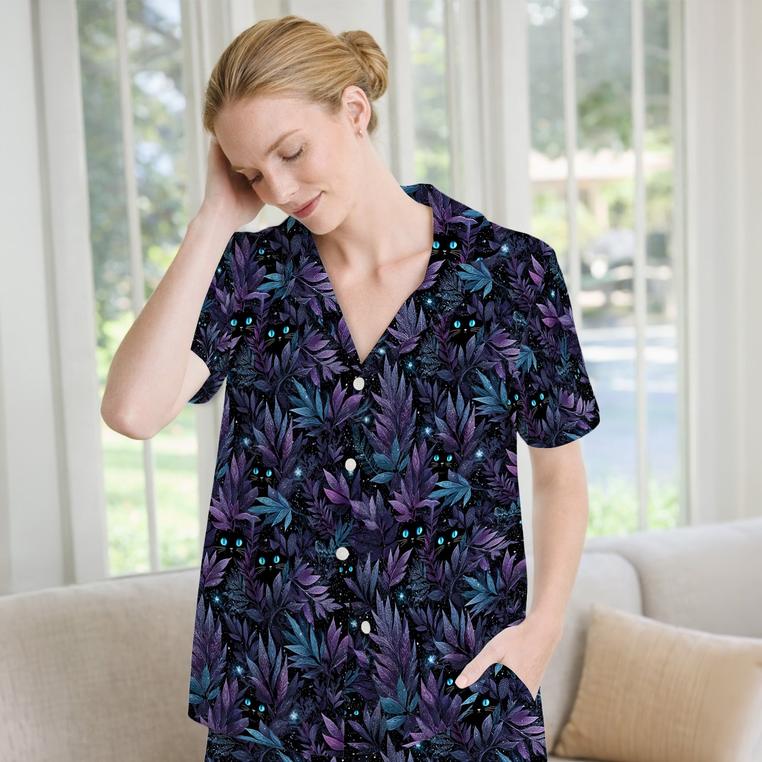 Mystic Black Cat Veterinary Pattern Pajama Set, Soft Breathable Fabric Comfortable Sleepwear