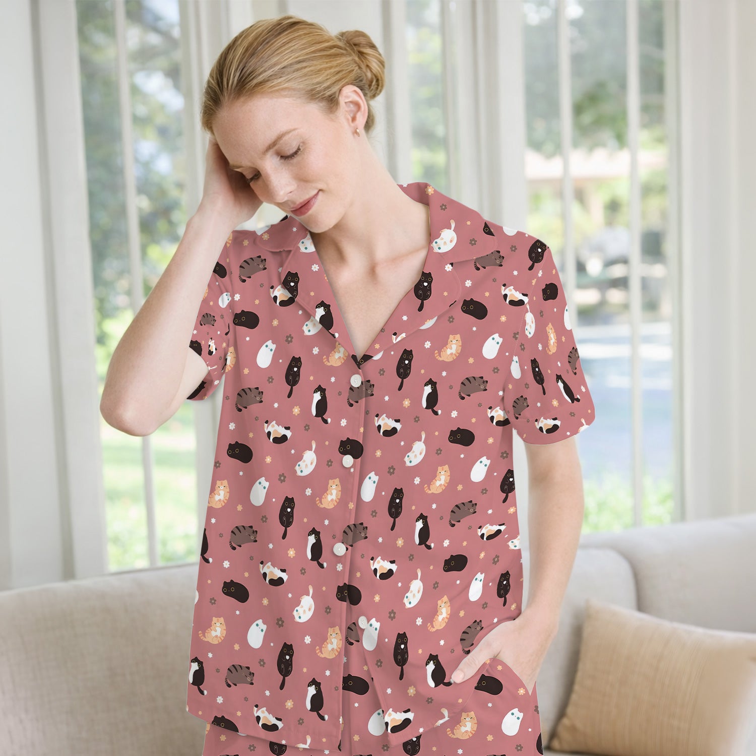 Adorable Kitty Nurse Pattern Pajama Set, Soft Breathable Fabric Comfortable Sleepwear