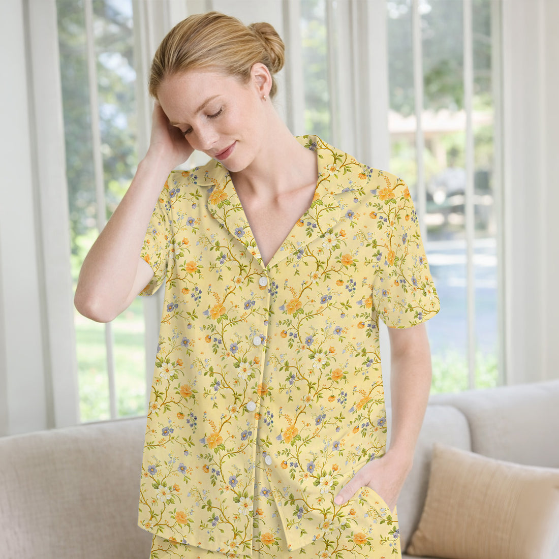 Sunny Wildflower Garden Floral Pajama Set, Soft Breathable Fabric Comfortable Sleepwear