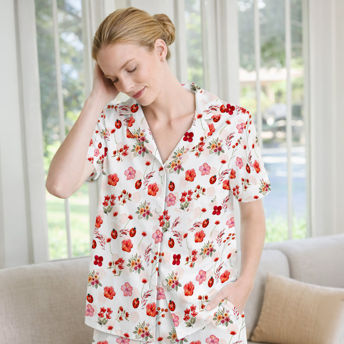 Red Ladybug Floral Garden Pattern Pajama Set, Breathable Fabrics Uniform