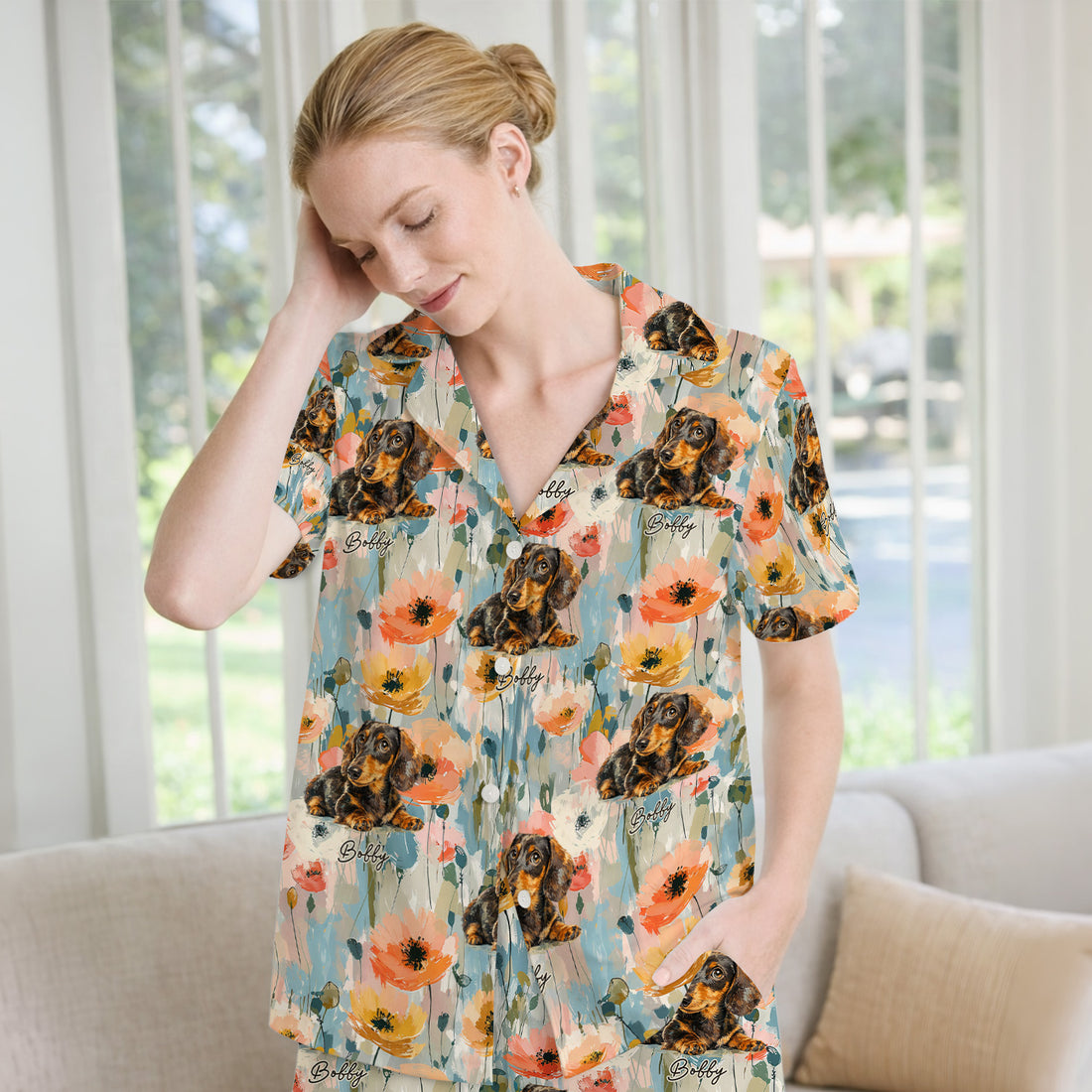 Personalized Dachshund Floral Portrait Pattern Pajama Set, Soft Breathable Fabric Comfortable Sleepwear