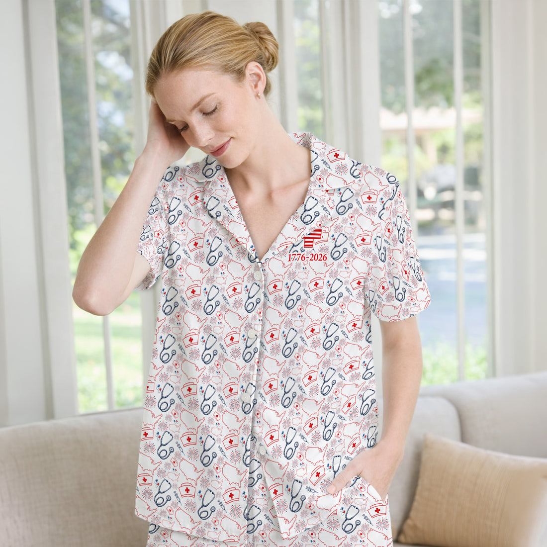 Patriotic Nurse Stethoscope Flag Pattern Pajama Set, Soft Breathable Fabric Comfortable Sleepwear