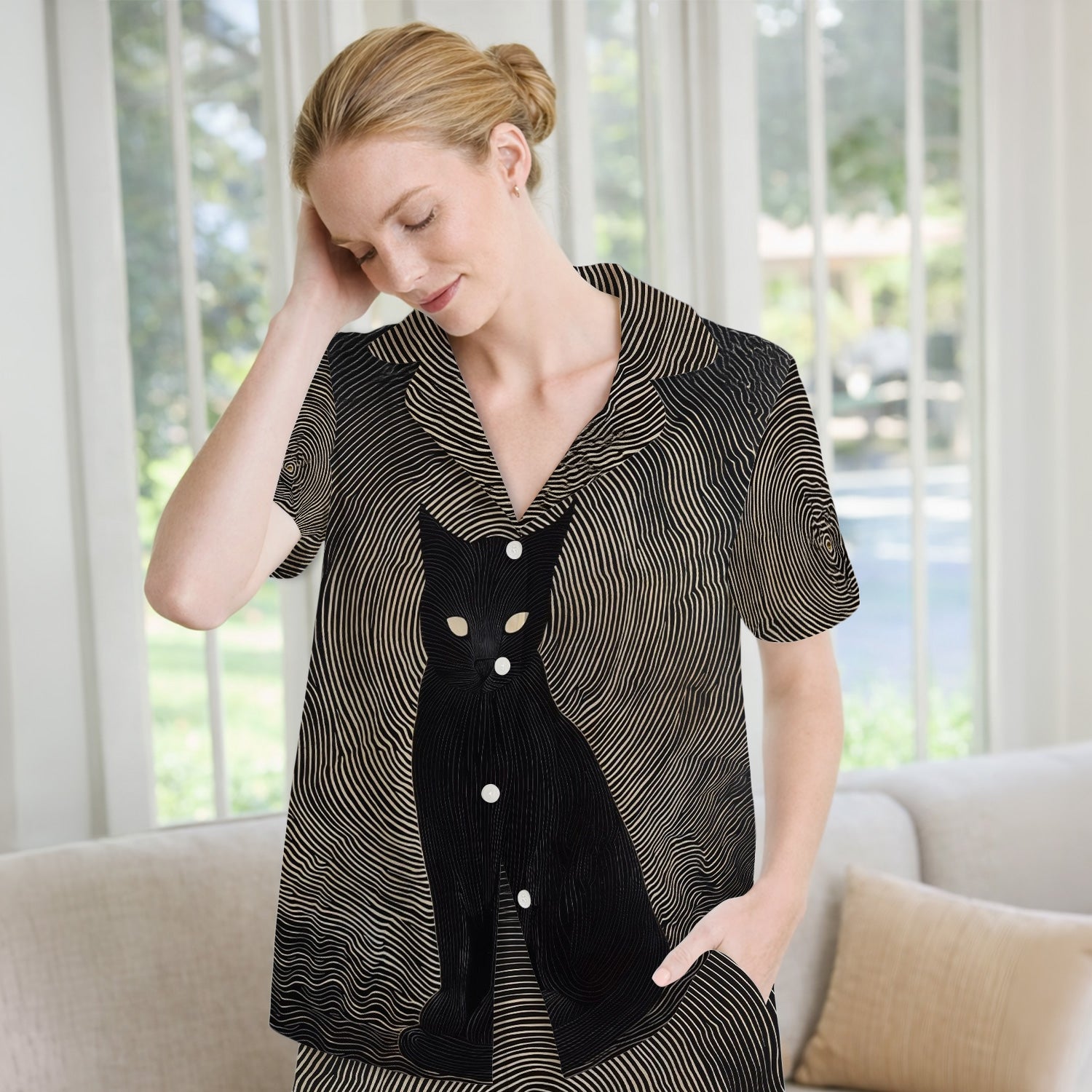 Black Cat Line Art Print Pajama Set, Soft Breathable Fabric Comfortable Sleepwear