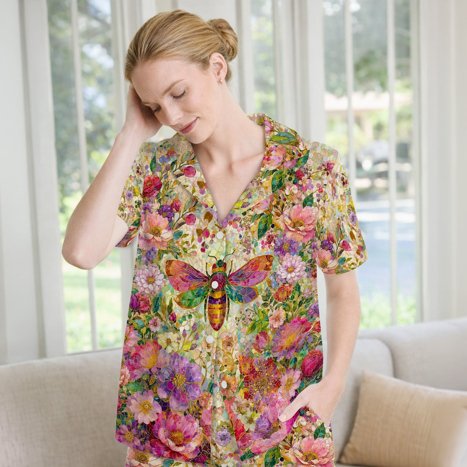 Vibrant Mosaic Bee Nurse for RN, CNA, Floral Garden Medical Pajama Set, Soft Breathable Fabric Comfortable Sleepwear