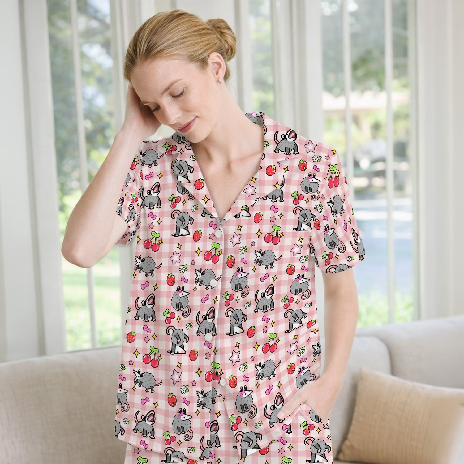 Cute Opossum And Cherries Gingham Pattern Pajama Set, Soft Breathable Fabric Comfortable Sleepwear