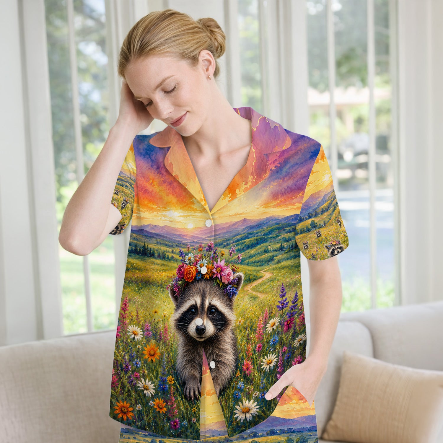 Floral Raccoon Meadow Veterinary Nurse Pattern Pajama Set, Soft Breathable Fabric Comfortable Sleepwear