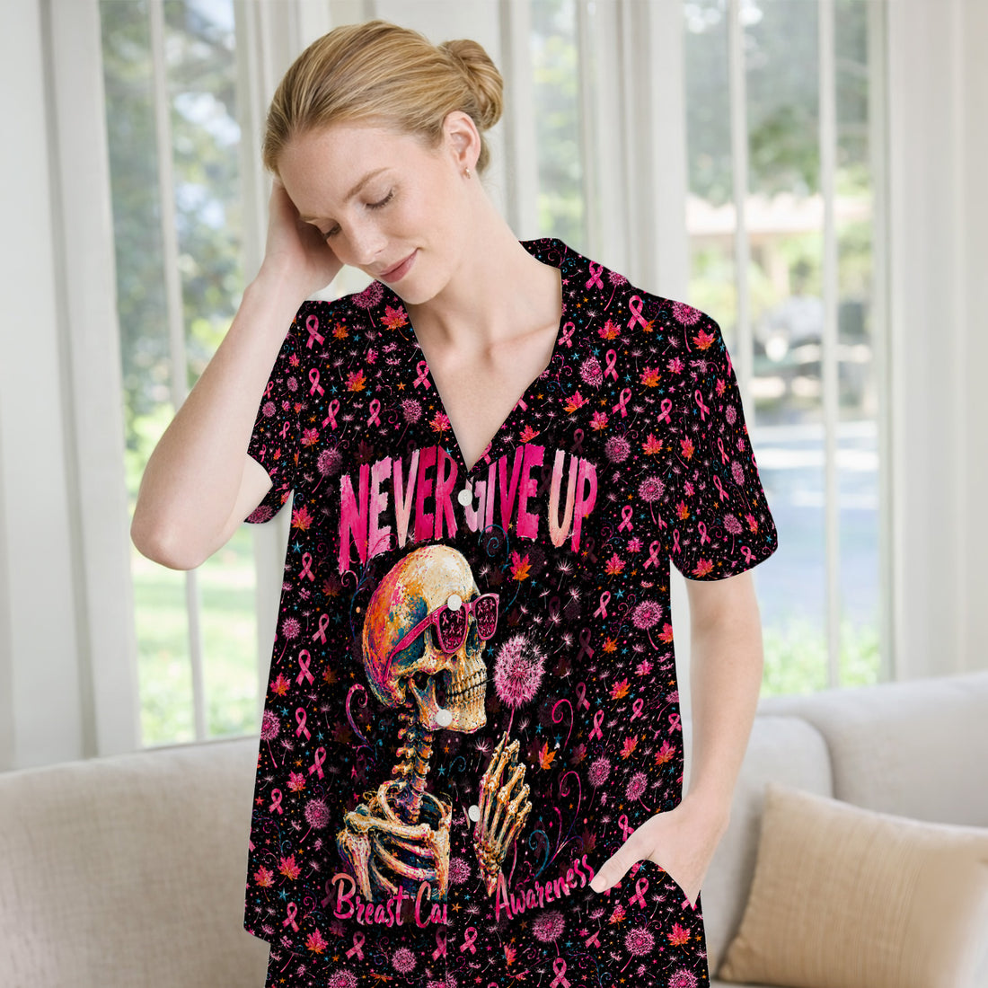 Meaningful Breast Cancer Awareness Skeleton Pajama Set, Soft Breathable Fabric Comfortable Sleepwear
