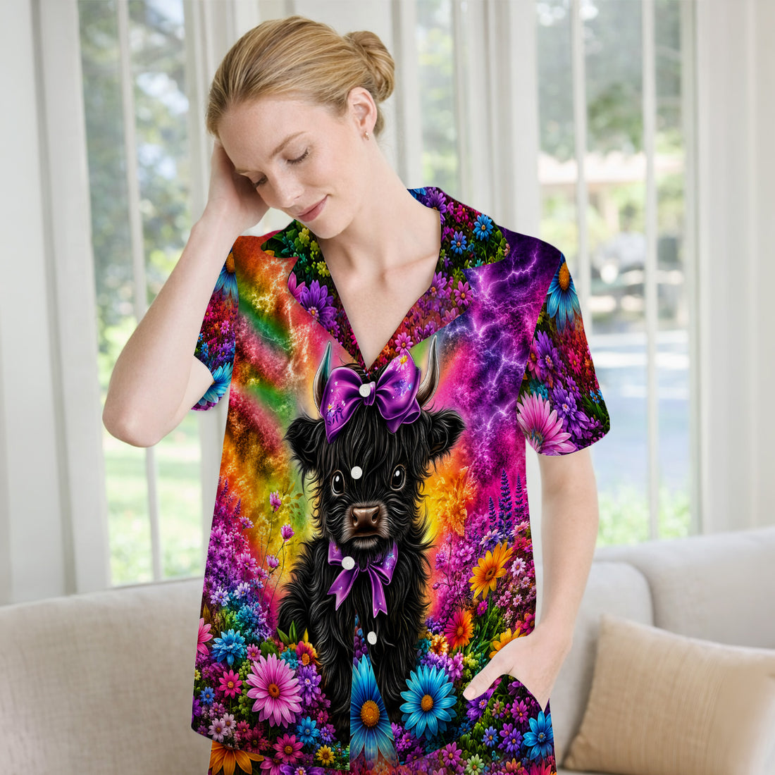 Cute Highland Cow Rainbow Floral Pattern Pajama Set, Soft Breathable Fabric Comfortable Sleepwear