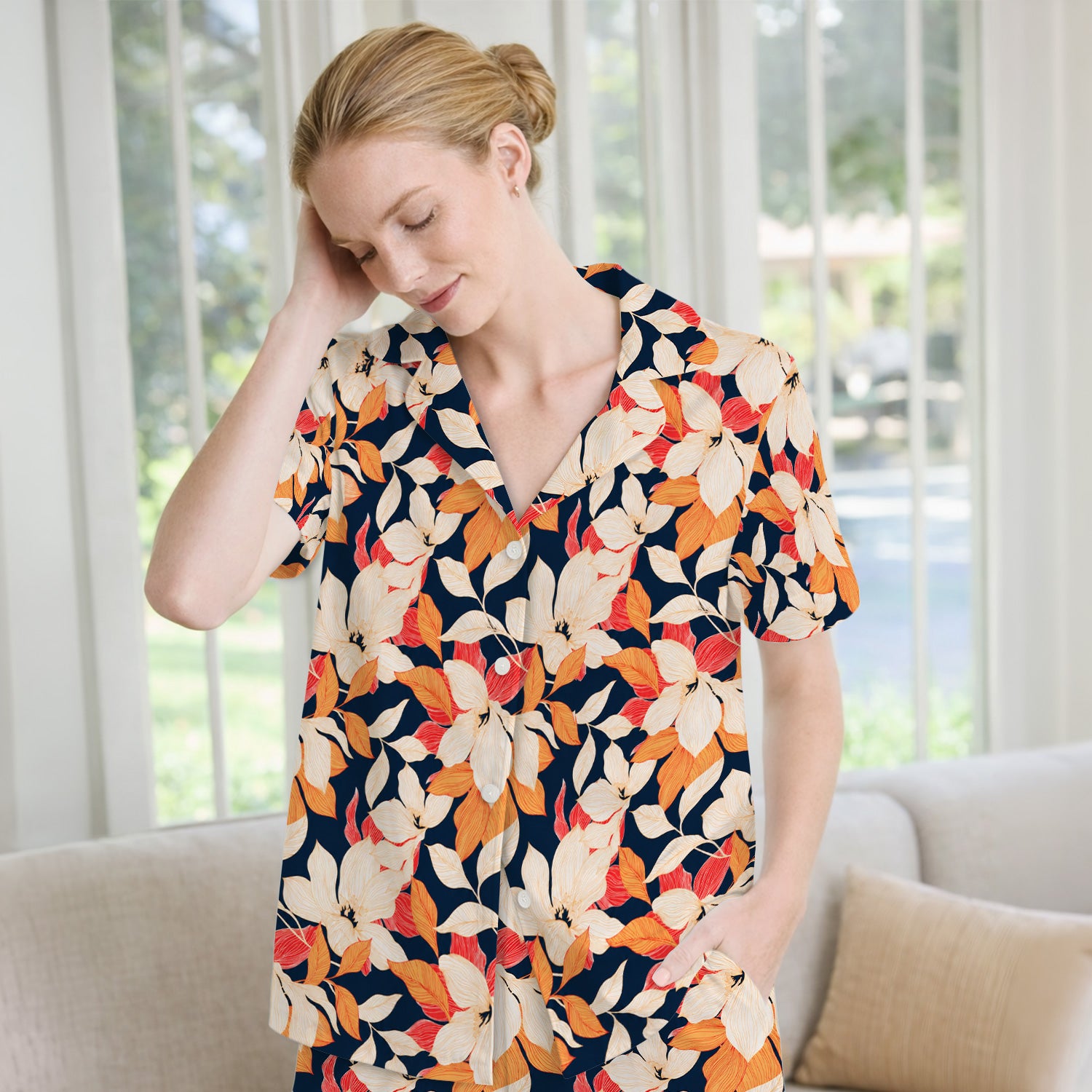Elegant Ivory Lily Leaves Pattern Pajama Set, Soft Breathable Fabric Comfortable Sleepwear