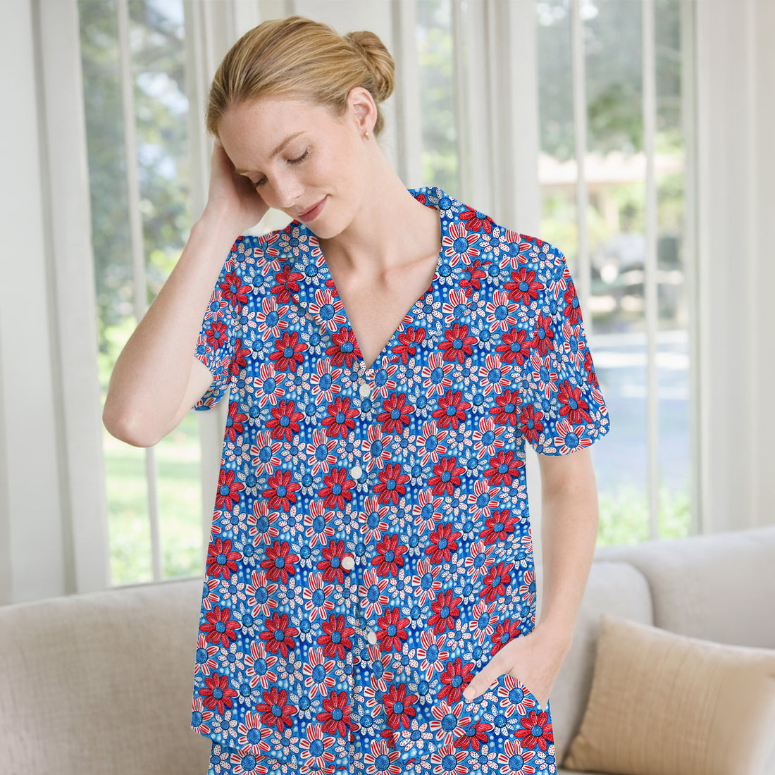 Cute Patriotic Daisy Blossom Repeat Pattern Pajama Set, Soft Breathable Fabric Comfortable Sleepwear