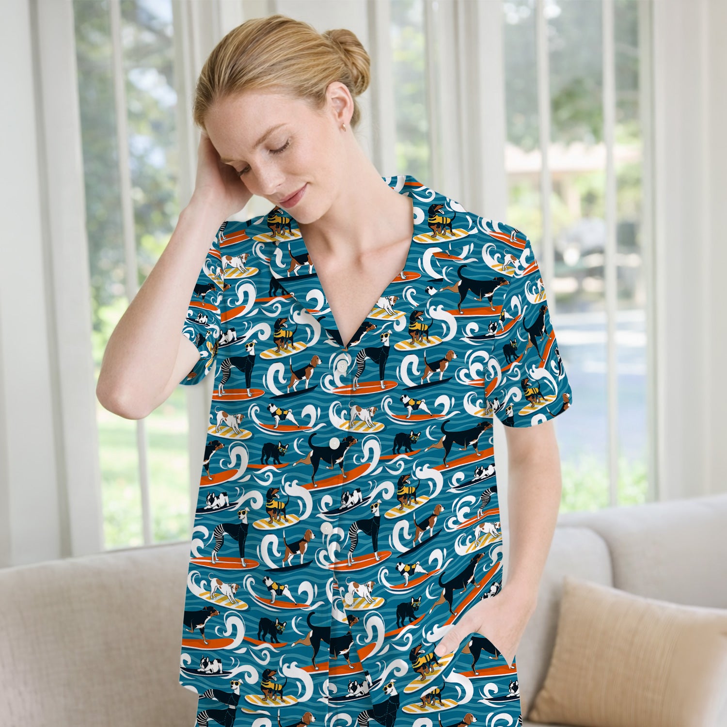 Surfing Dogs Ocean Wave Print Pajama Set, Soft Breathable Fabric Comfortable Sleepwear