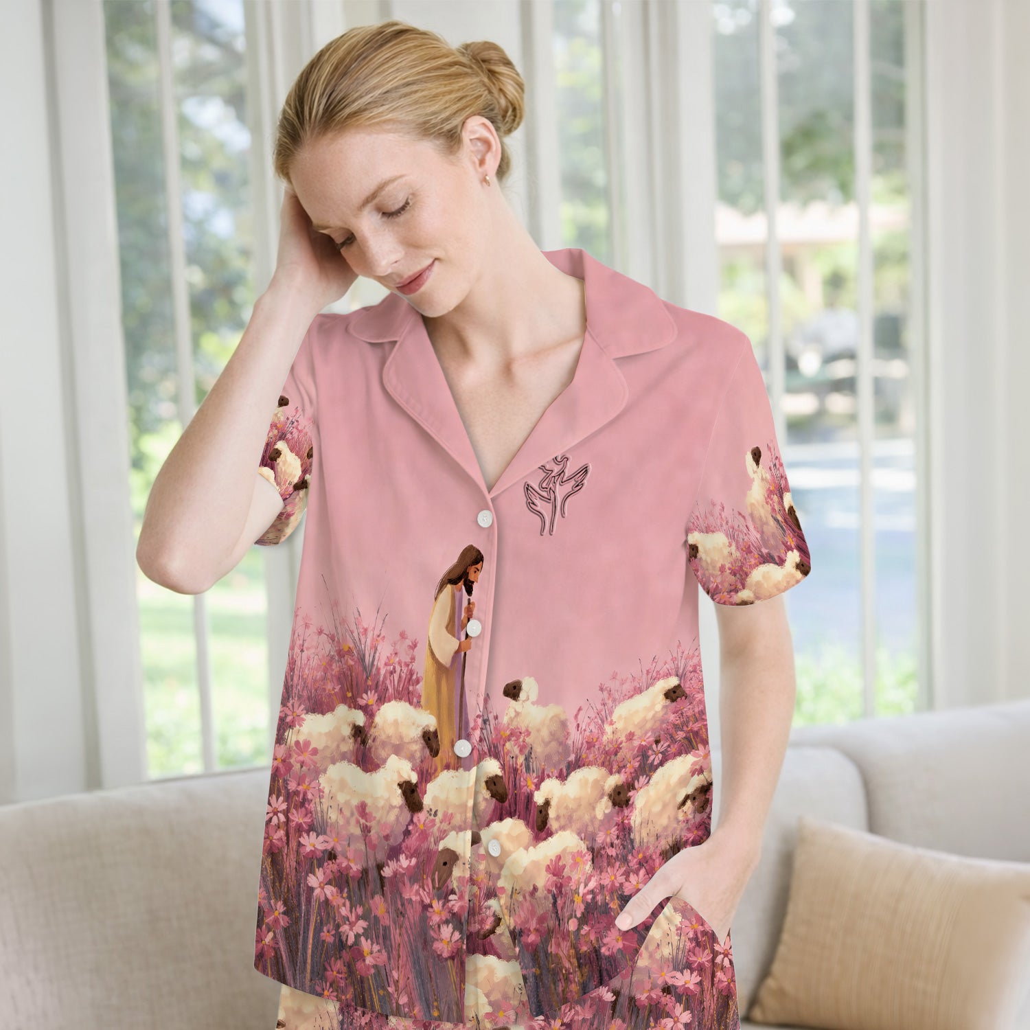 Christian Shepherd With Lambs Pattern Pajama Set, Soft Breathable Fabric Comfortable Sleepwear