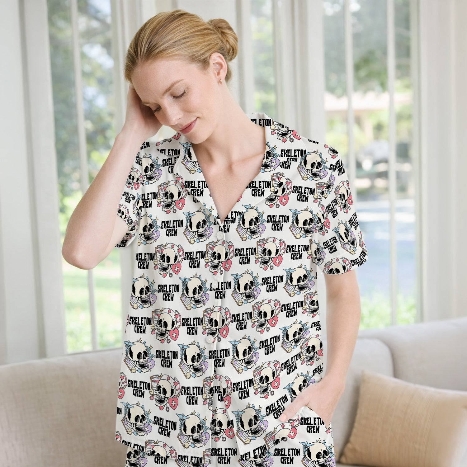 Funny Halloween Skeleton Crew Pajama Set, Soft Breathable Fabric Comfortable Sleepwear