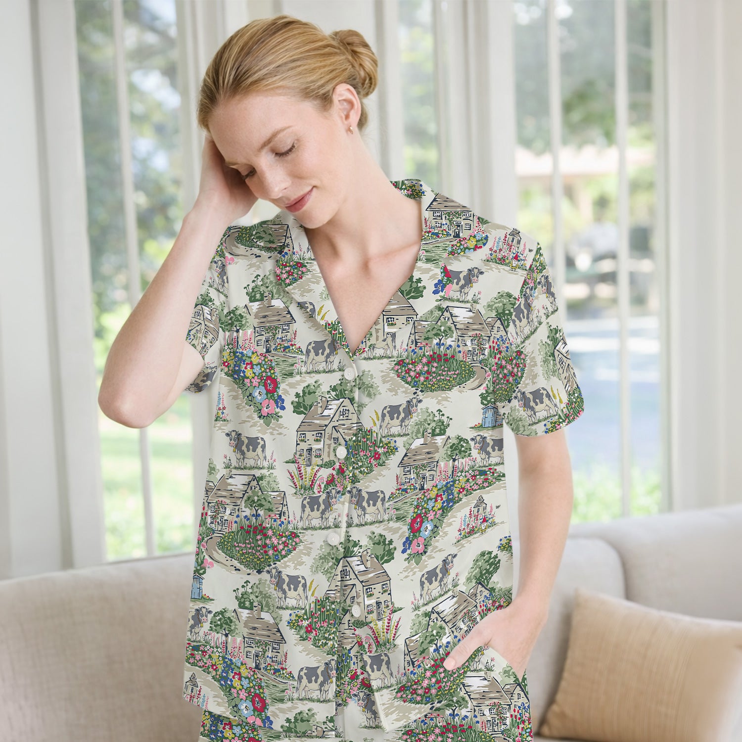 Charming Countryside Cows Cottage Garden Pattern Pajama Set, Soft Breathable Fabric Comfortable Sleepwear