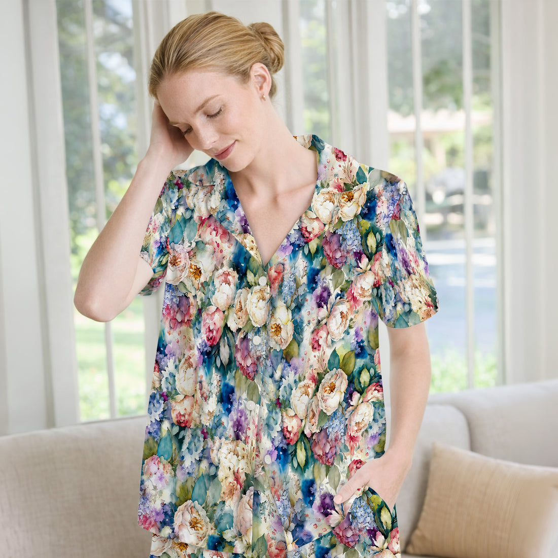 Watercolor Peony Hydrangea Floral Print Pajama Set, Soft Breathable Fabric Comfortable Sleepwear