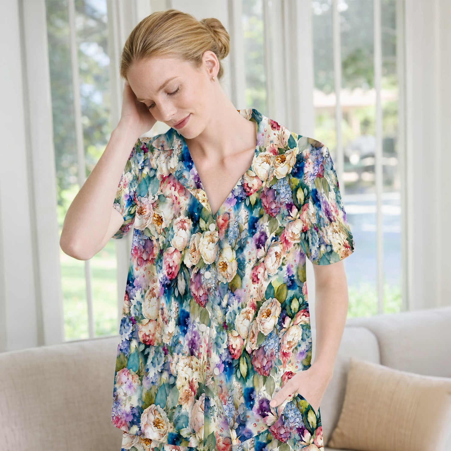 Watercolor Peony Hydrangea Floral Print Pajama Set, Soft Breathable Fabric Comfortable Sleepwear
