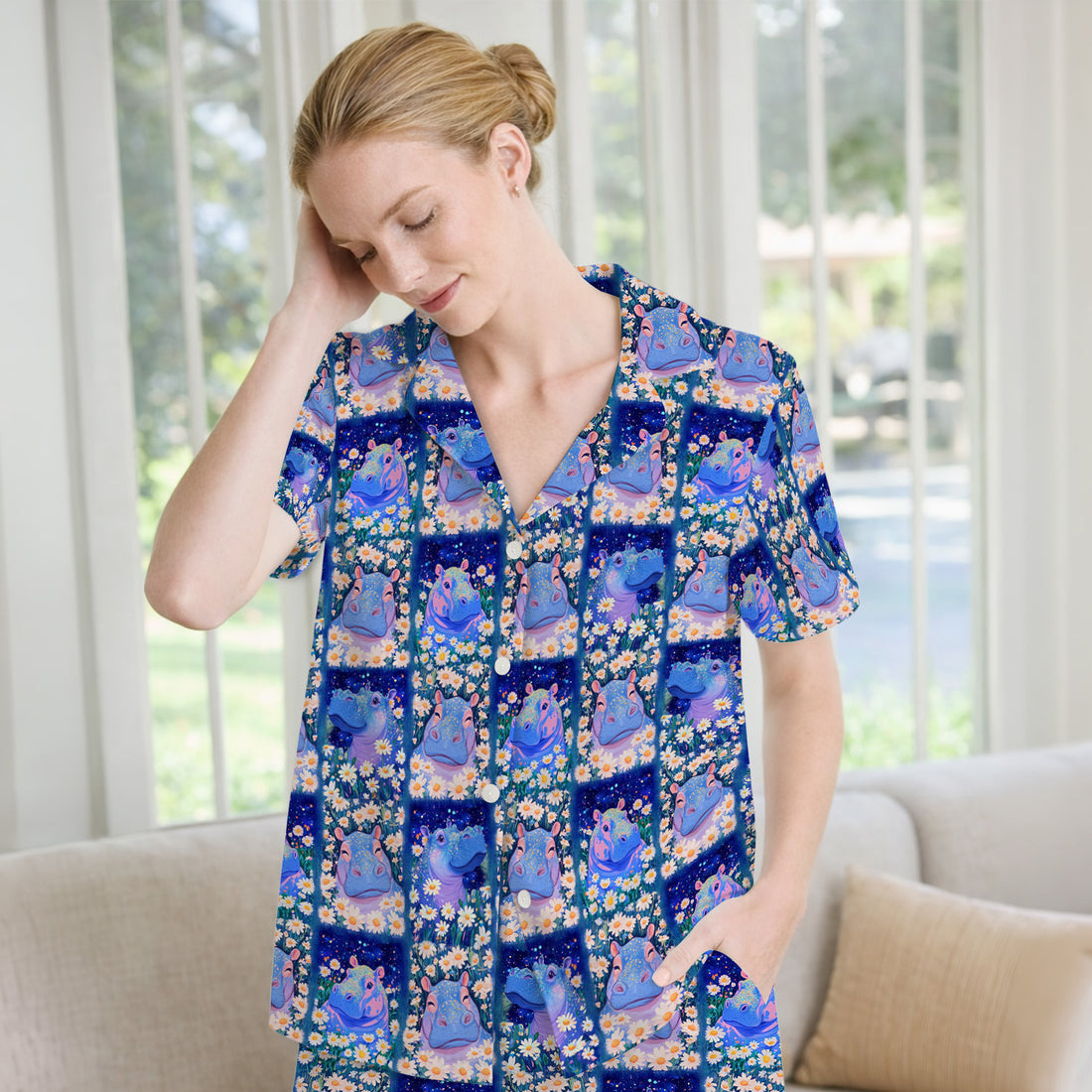 Cute Hippo Daisy Floral Patchwork Pajama Set, Breathable Fabrics Uniform