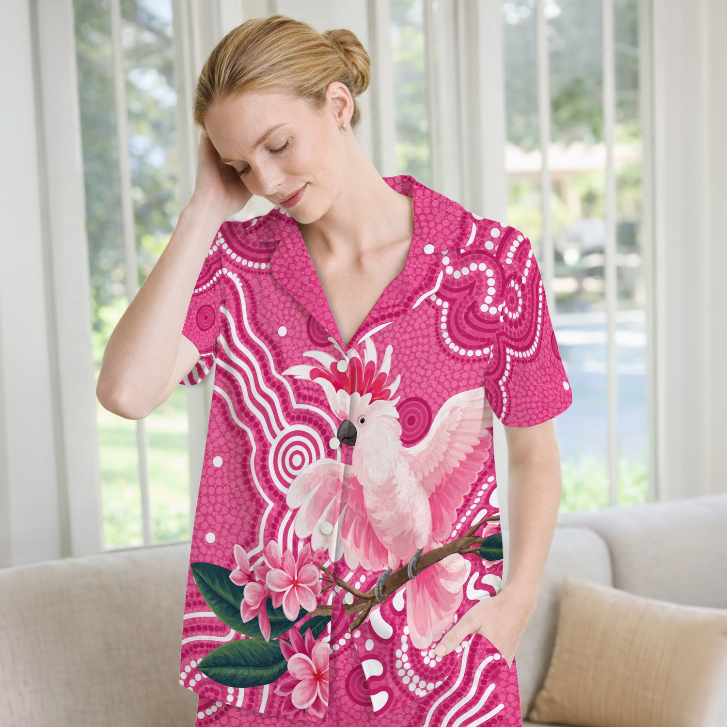 Pink Cockatoo Floral Dot Pattern Pajama Set, Soft Breathable Fabric Comfortable Sleepwear